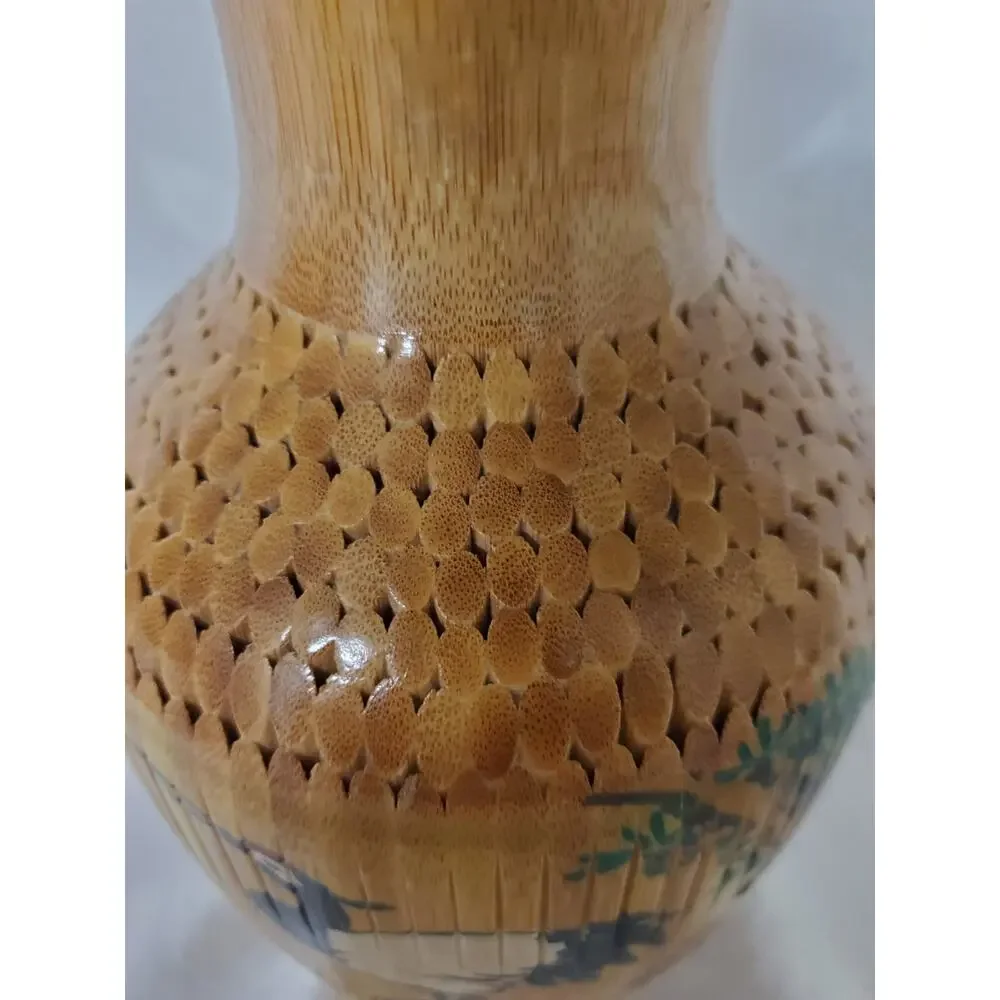 Vintage Chinese Porcelain Crane Vase Covered Intricately Woven Bamboo Rattan